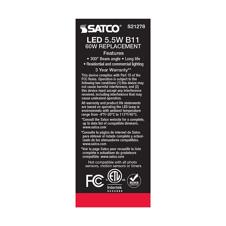 Image 7 60W Equivalent Satco Frost 5.5W 2700K LED Dimmable E12 Bulb more views