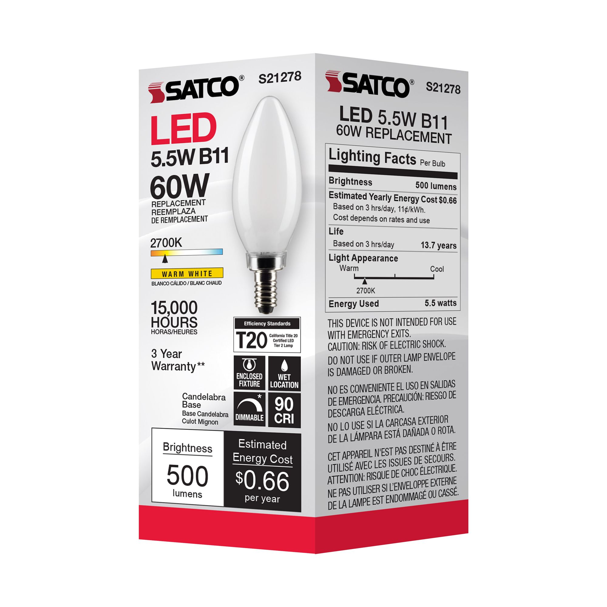 60W Equivalent Satco Frost 5.5W 3000K LED Dimmable E12 Bulb in scene