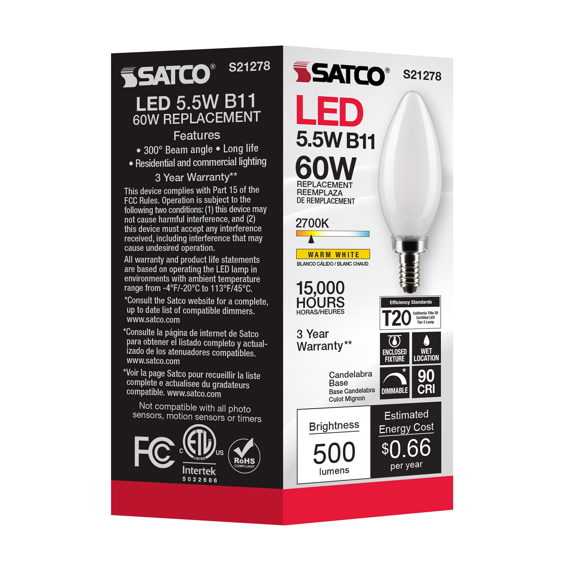 60W Equivalent Satco Frost 5.5W 3000K LED Dimmable E12 Bulb in scene