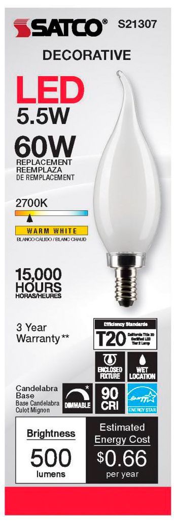 Image 4 60W Equivalent Satco Frost 5.5W LED Dimmable Candelabra CA10 6-Pack more views