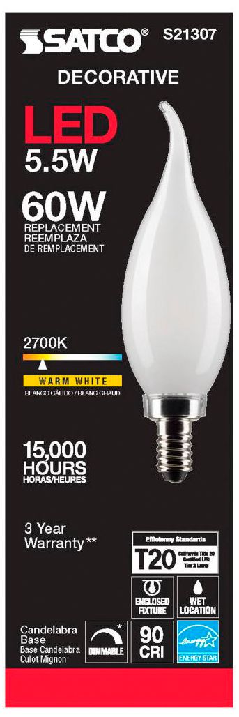 Image 5 60W Equivalent Satco Frost 5.5W LED Dimmable Candelabra CA10 6-Pack more views