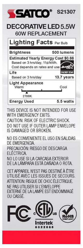 Image 6 60W Equivalent Satco Frost 5.5W LED Dimmable Candelabra CA10 6-Pack more views