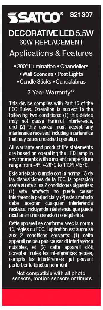 Image 7 60W Equivalent Satco Frost 5.5W LED Dimmable Candelabra CA10 6-Pack more views