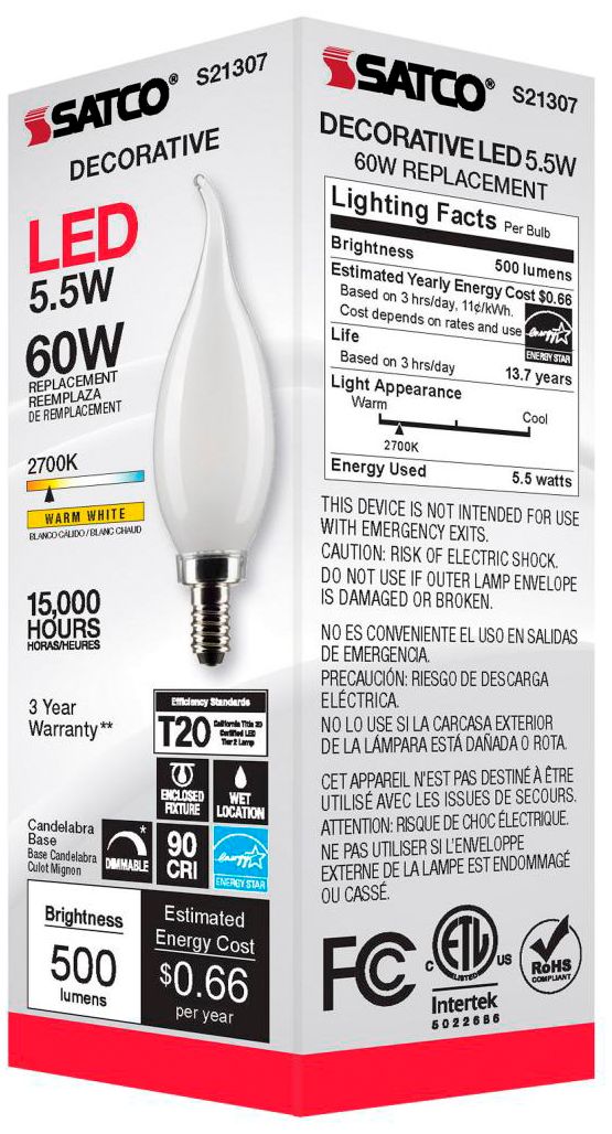 60W Equivalent Satco Frost 5.5W LED Dimmable Candelabra CA10 6-Pack