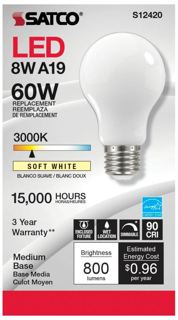 Image 2 60W Equivalent Satco Soft White 8.2W LED Dimmable E26 A19 6-Pack more views
