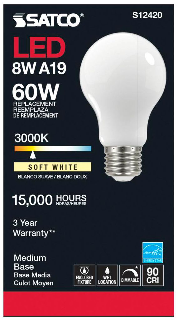 Image 3 60W Equivalent Satco Soft White 8.2W LED Dimmable E26 A19 6-Pack more views
