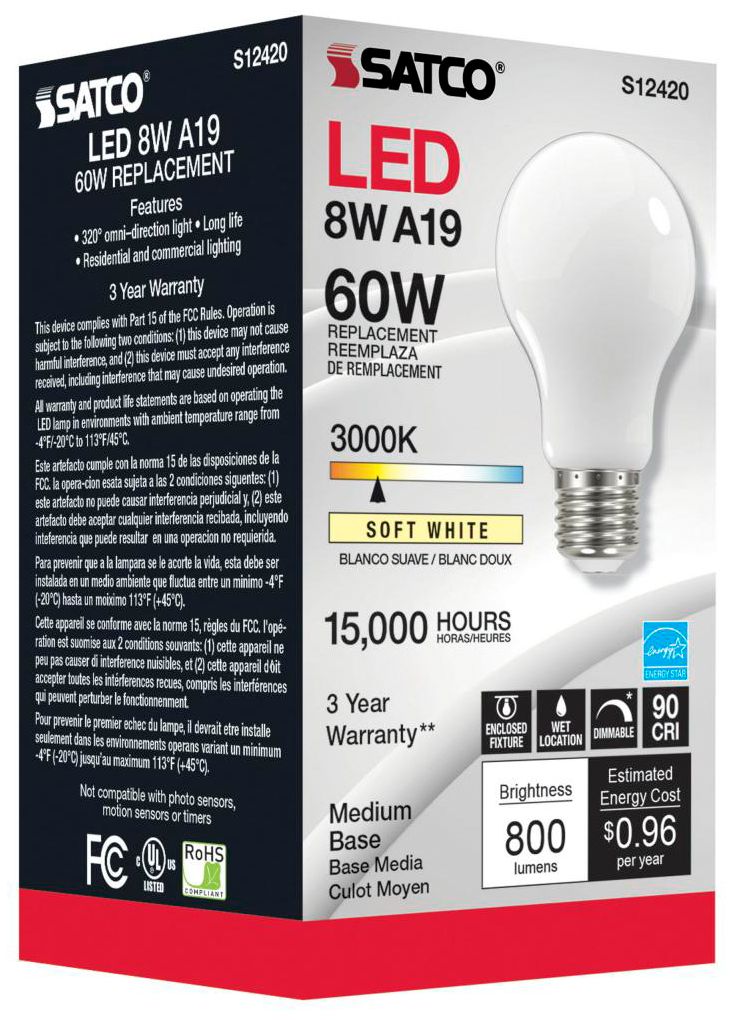 Image 4 60W Equivalent Satco Soft White 8.2W LED Dimmable E26 A19 6-Pack more views