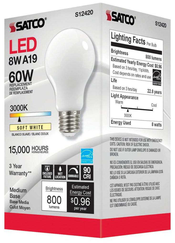 Image 5 60W Equivalent Satco Soft White 8.2W LED Dimmable E26 A19 6-Pack more views
