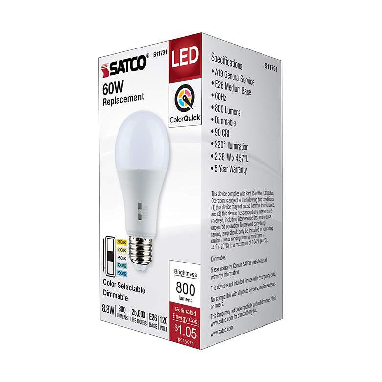 Image 6 60W Equivalent Satco White 8.8W LED Dimmable Standard Bulb more views