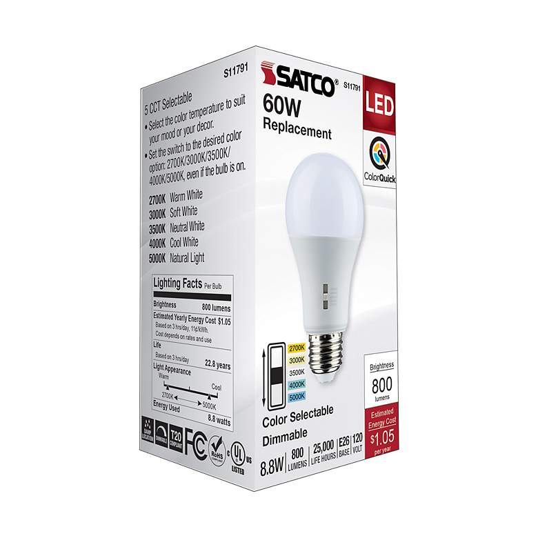 Image 7 60W Equivalent Satco White 8.8W LED Dimmable Standard Bulb more views