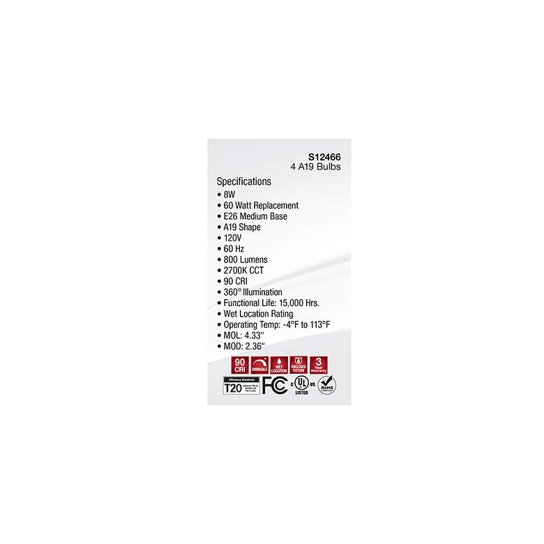 Image 6 60W Equivalent Satco White 8W LED Dimmable Standard 4-Pack more views