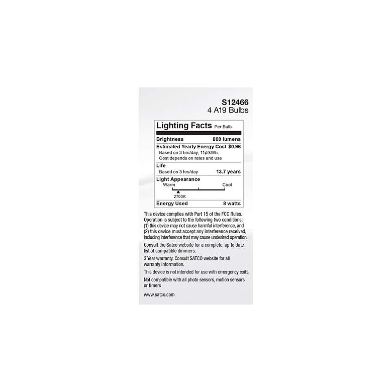 Image 7 60W Equivalent Satco White 8W LED Dimmable Standard 4-Pack more views