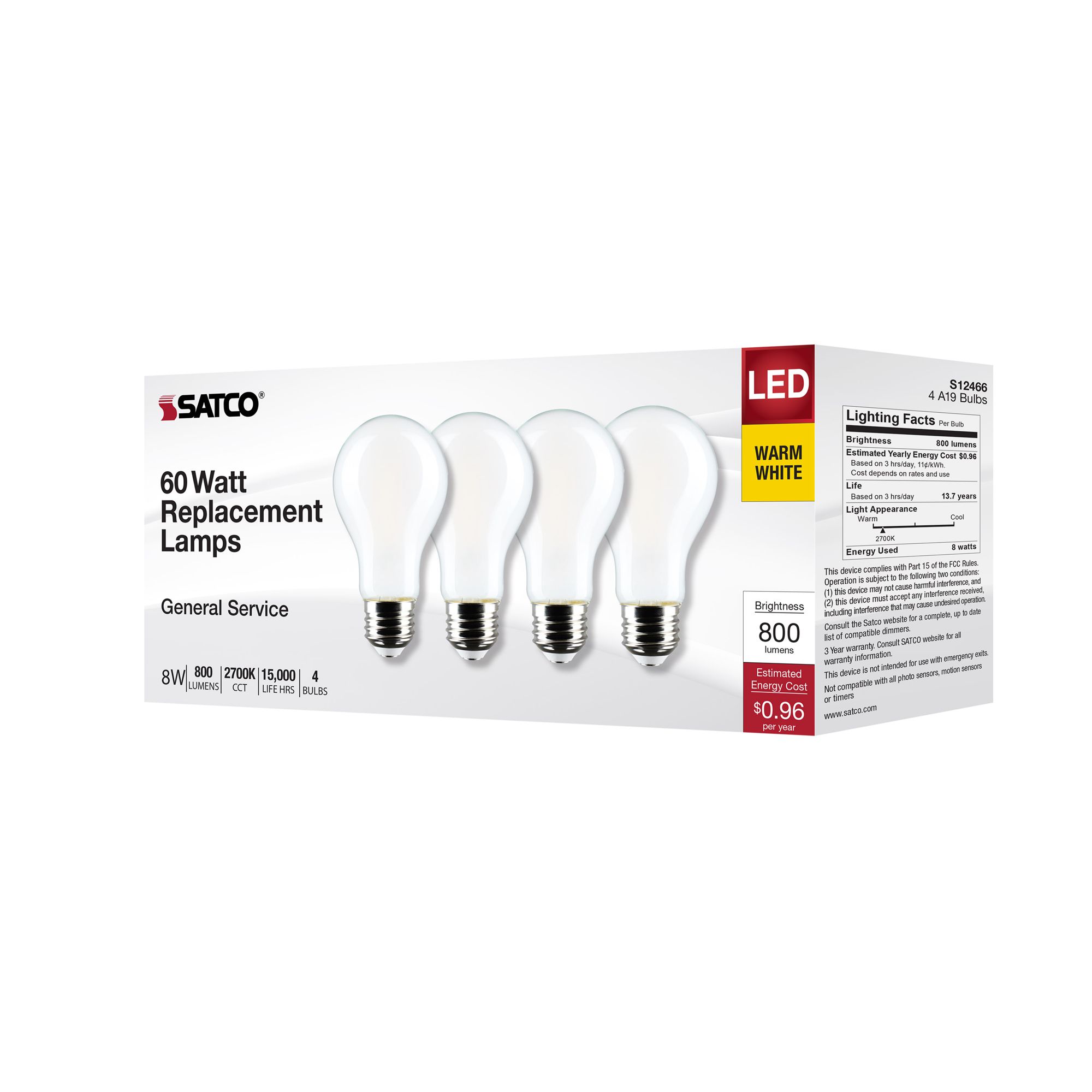60W Equivalent Satco White 8W LED Dimmable Standard 4-Pack in scene
