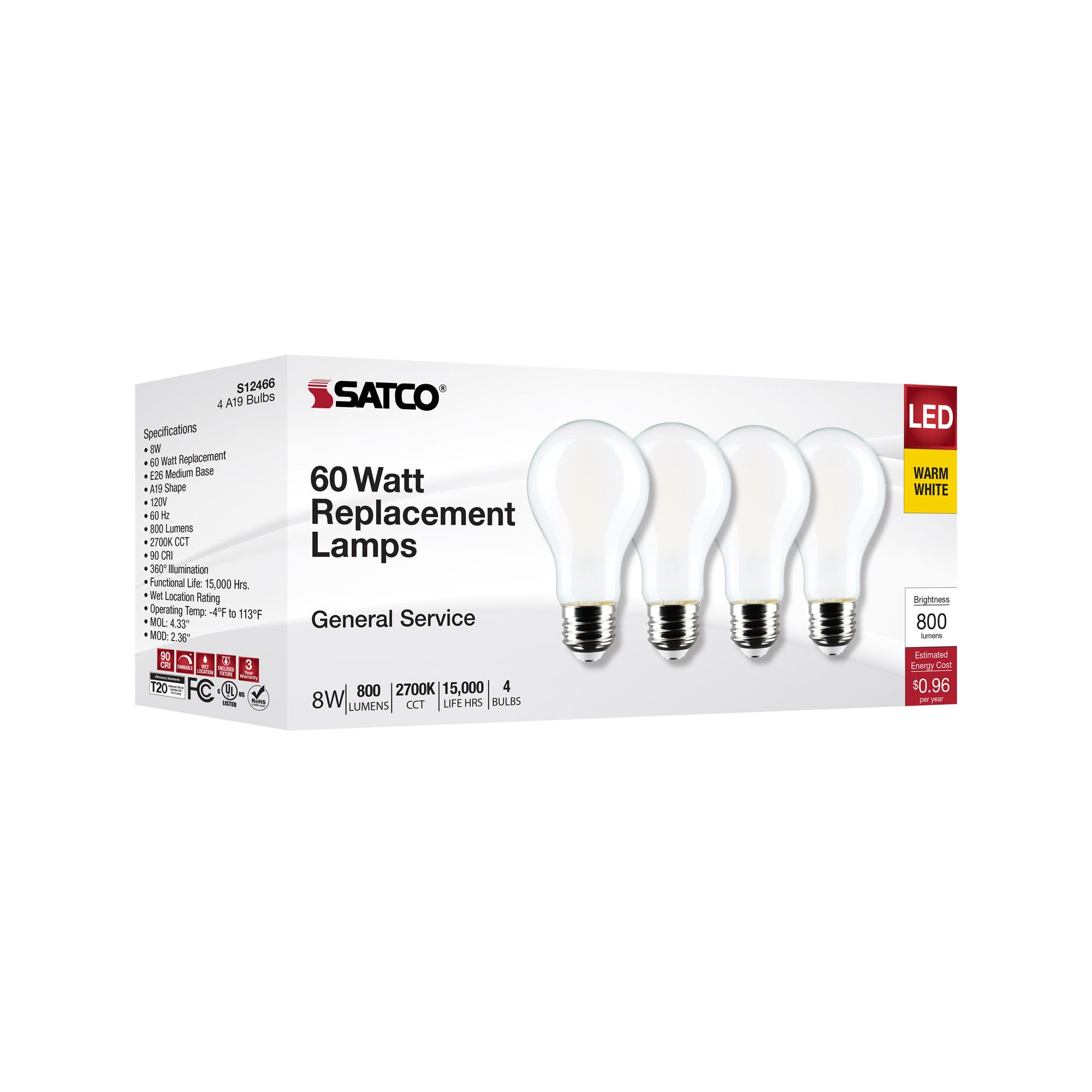 60W Equivalent Satco White 8W LED Dimmable Standard 4-Pack in scene