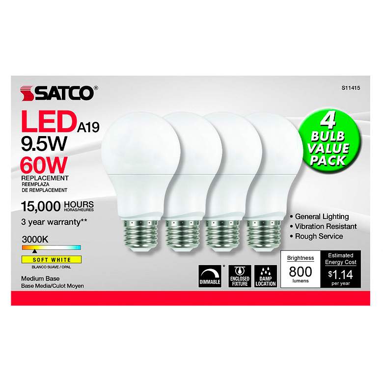 Image 2 60W Equivalent Standard Base Frosted A19 9.5W LED Bulbs 4-Pack by Satco more views