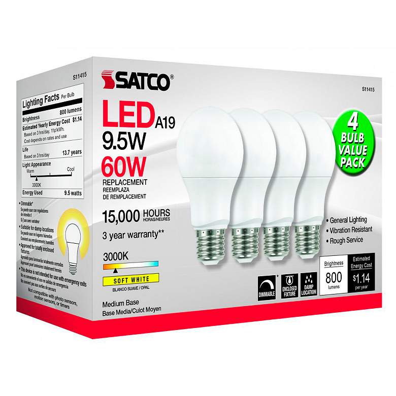 Image 3 60W Equivalent Standard Base Frosted A19 9.5W LED Bulbs 4-Pack by Satco more views