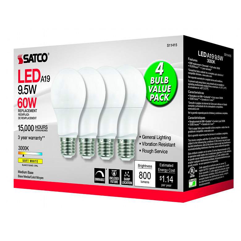 Image 4 60W Equivalent Standard Base Frosted A19 9.5W LED Bulbs 4-Pack by Satco more views