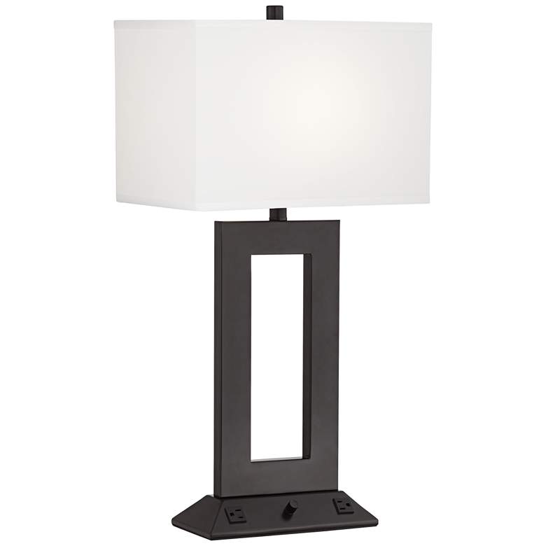 Image 1 61F44 - 29 inchH Bronze Table Lamp w/Dimmer 2xOutlets 1xUSB