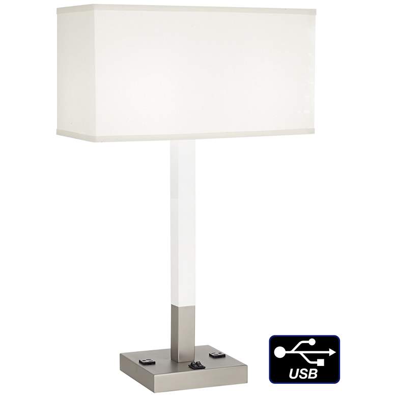 Image 1 61J28 - Matte White and Brushed Nickel Table 2xOutlet 1xUSB