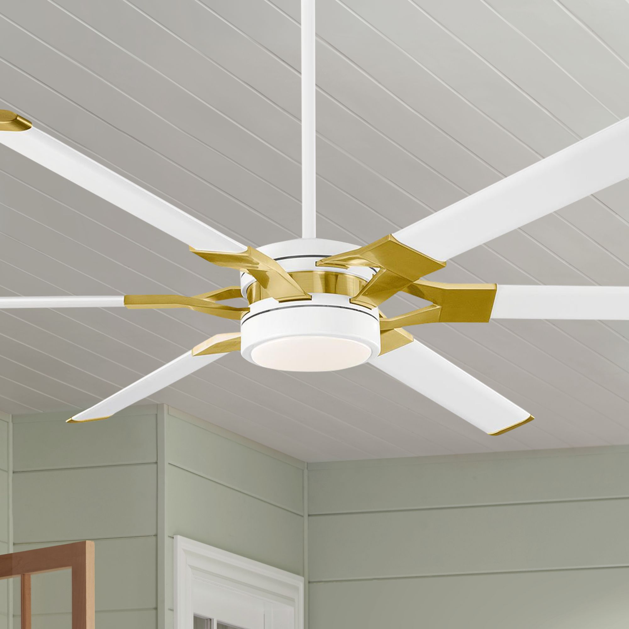 white and gold ceiling fan with light