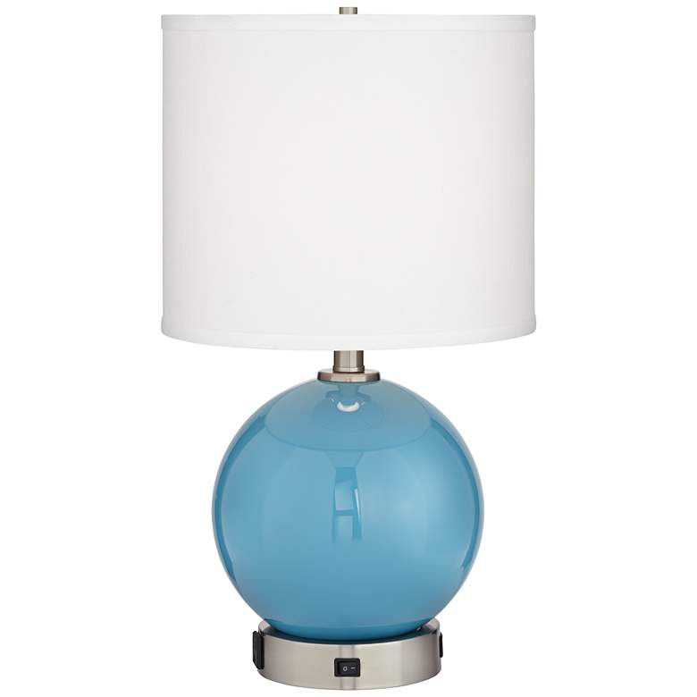 Image 1 62E56 - Blue Globe Accent Table Lamp with 1 USB and 1 Outlet