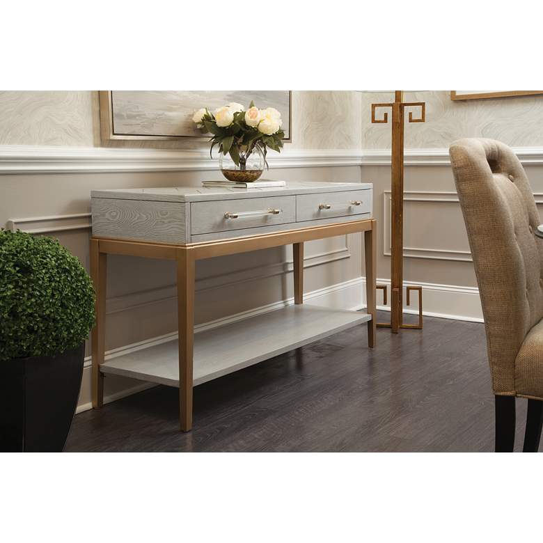 Image 1 Perrine 55"W Soft Graphite and Gold 2-Drawer Console Table in scene