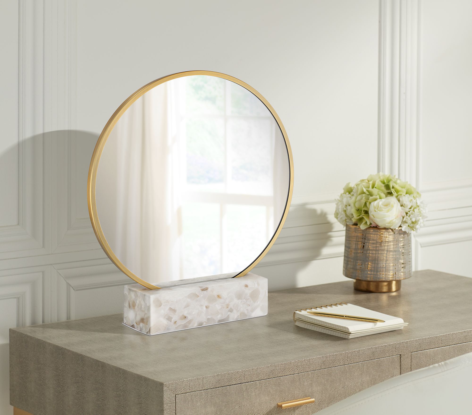 Image 1 Possini Euro Aurora 19 3/4"H Gold Tabletop Mirror with Marble Pedestal in scene