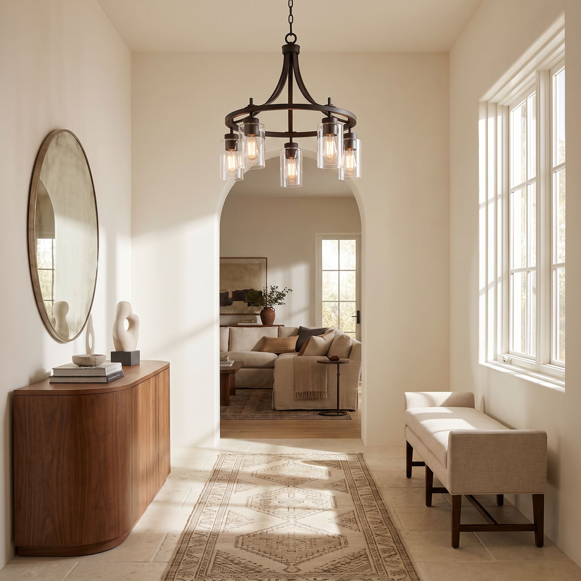 Image 1 Franklin Iron Caleb 23 3/4" Wide Bronze and Glass 5-Light Chandelier in scene