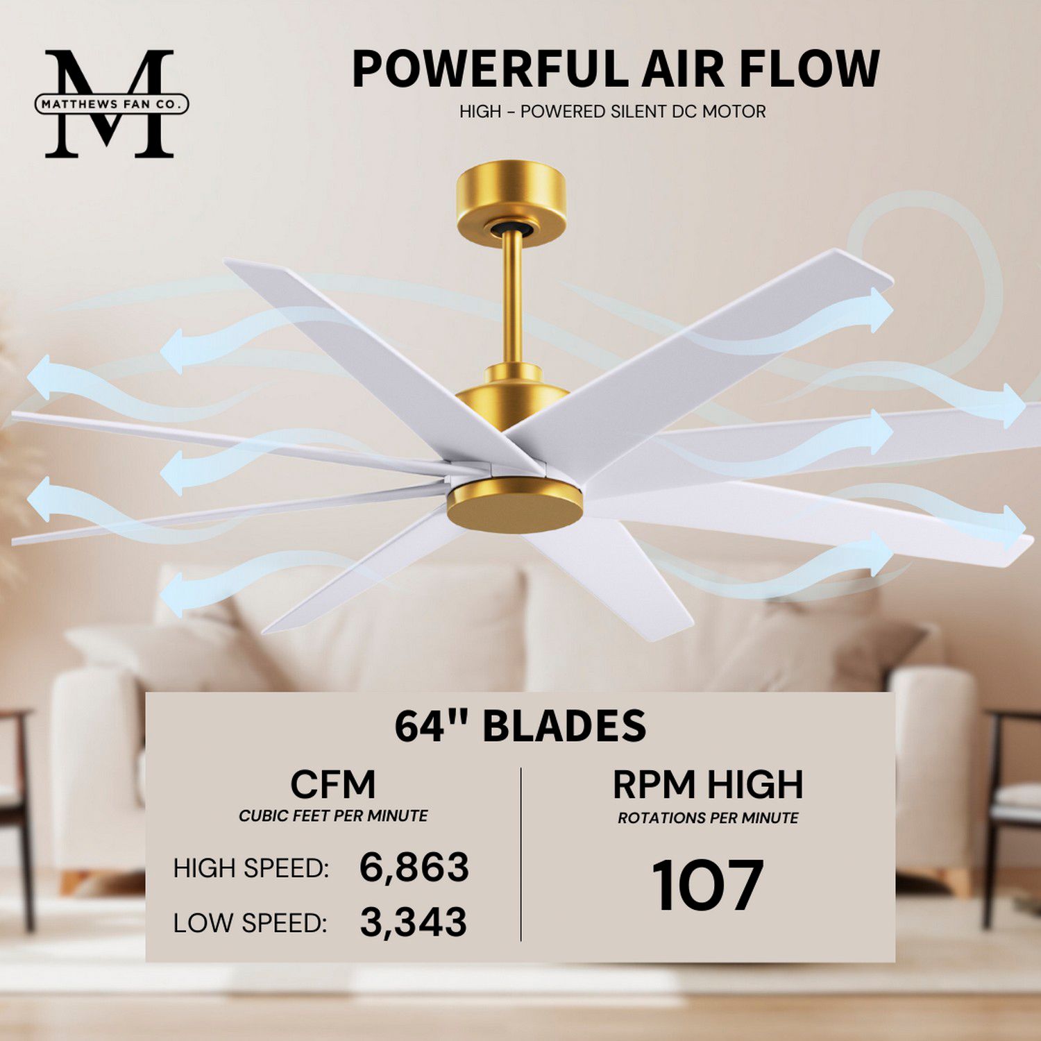 Image 7 64" Ariella Brushed Brass Ceiling Fan w/ Matte White Blades more views