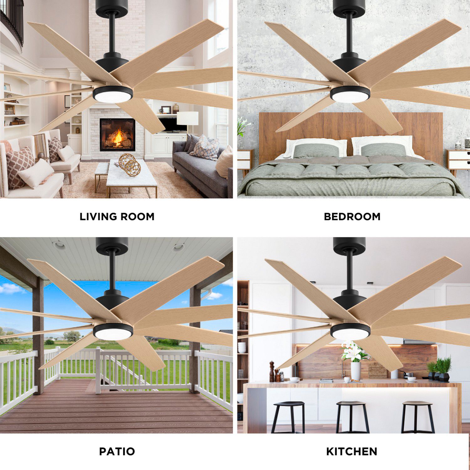 64" Matthews Ariella Matte Black and Light Maple LED Ceiling Fan