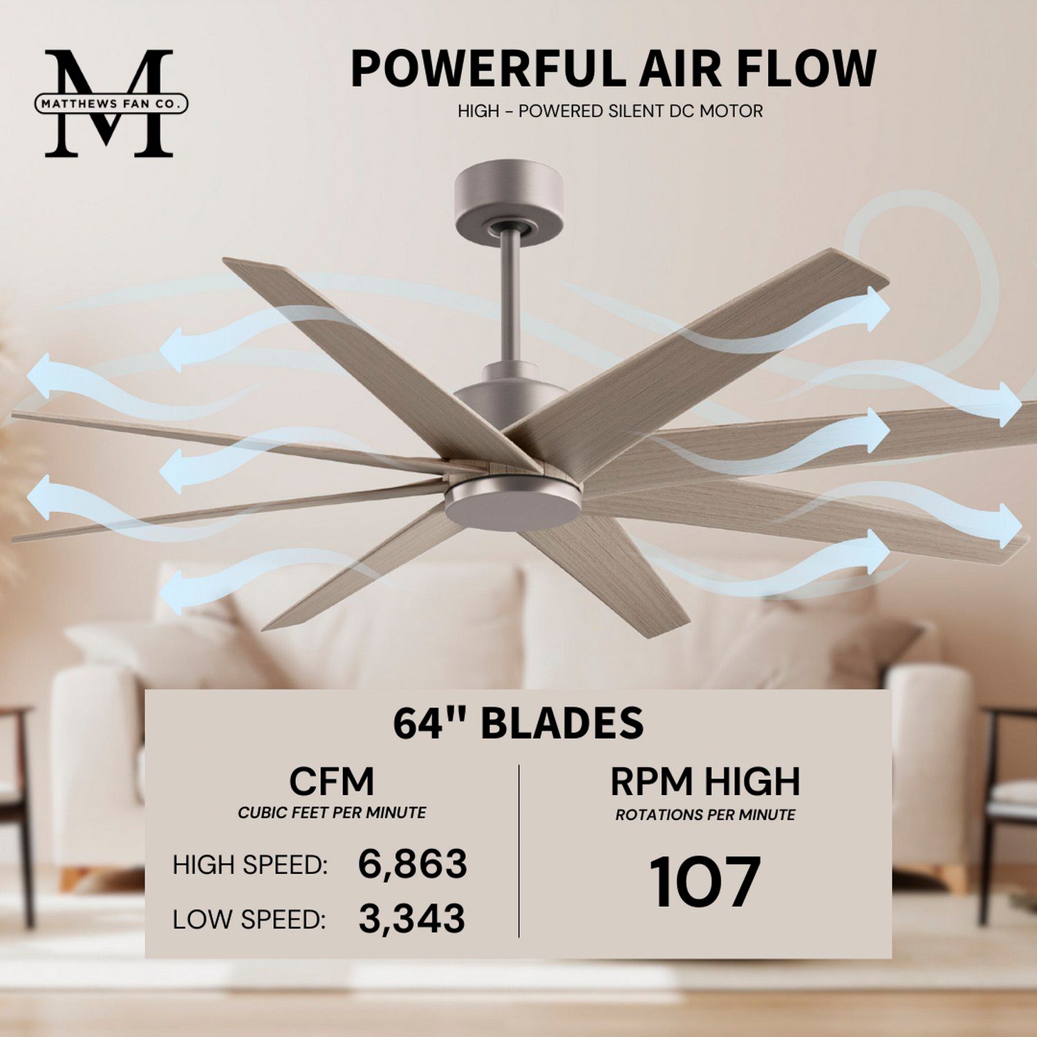 64" Matthews Ariella Nickel Ceiling Fan with Gray Ash Blades