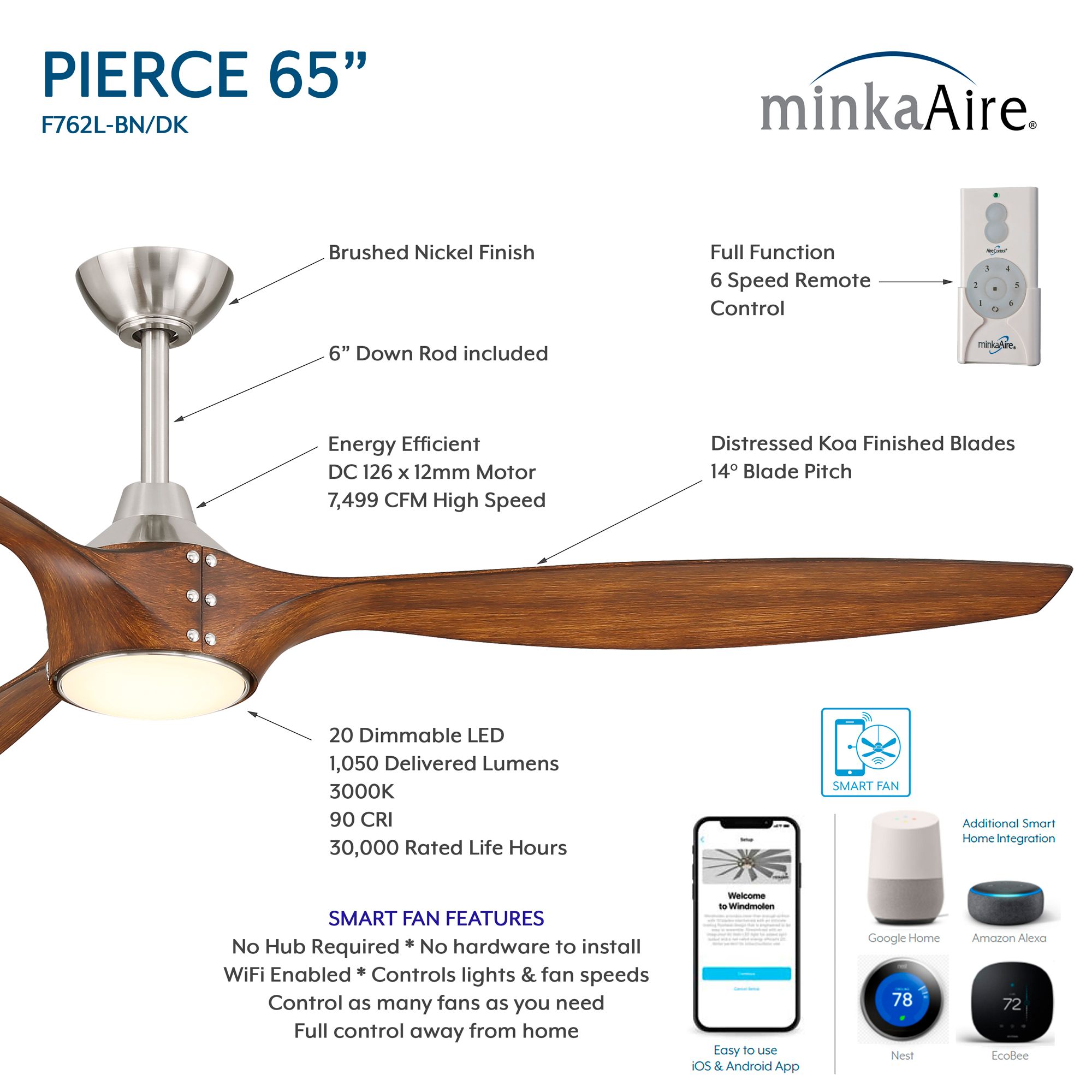 Image 7 64" Pierce Brushed Nickel LED Ceiling Fan with Koa Blades more views