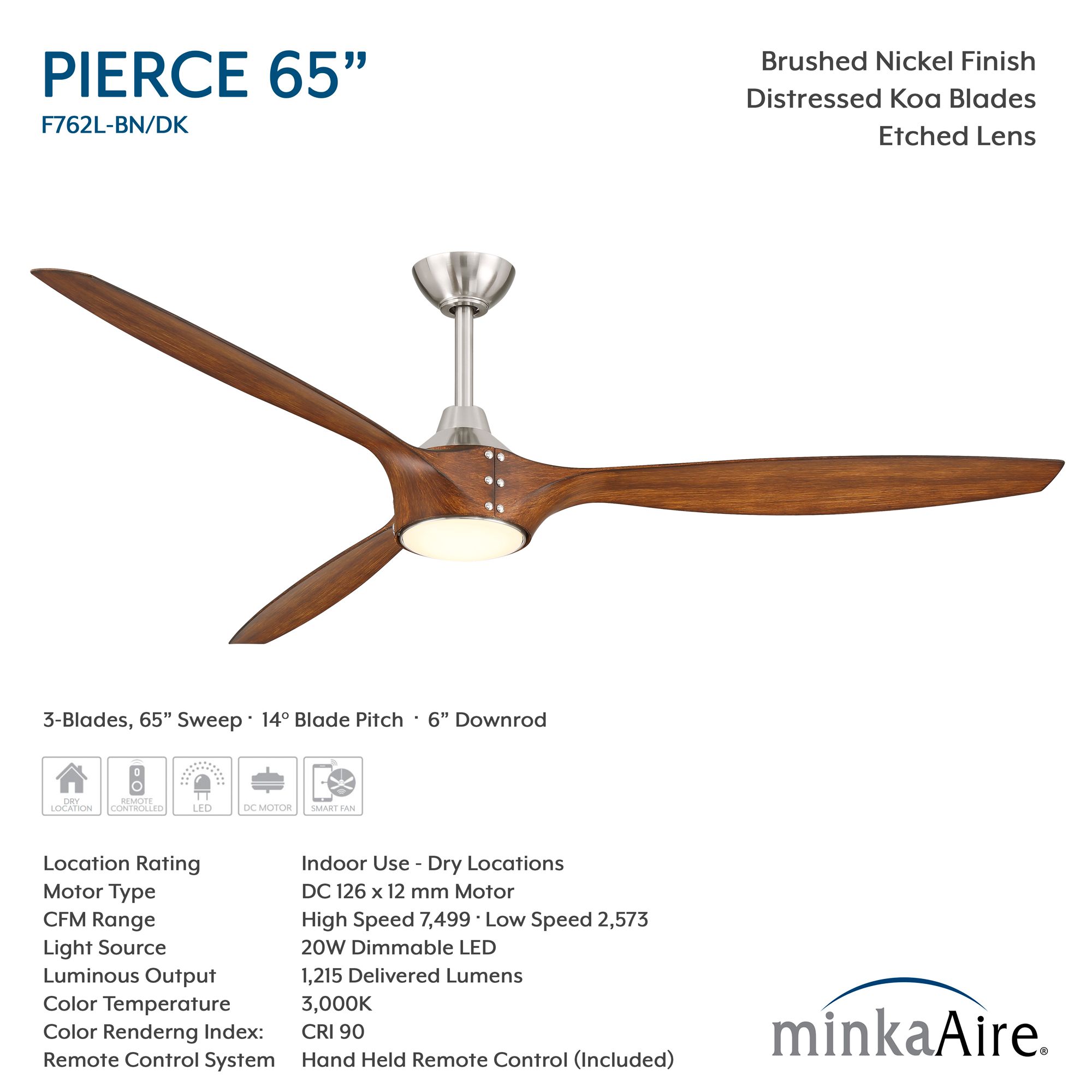 64" Pierce Brushed Nickel LED Ceiling Fan with Koa Blades