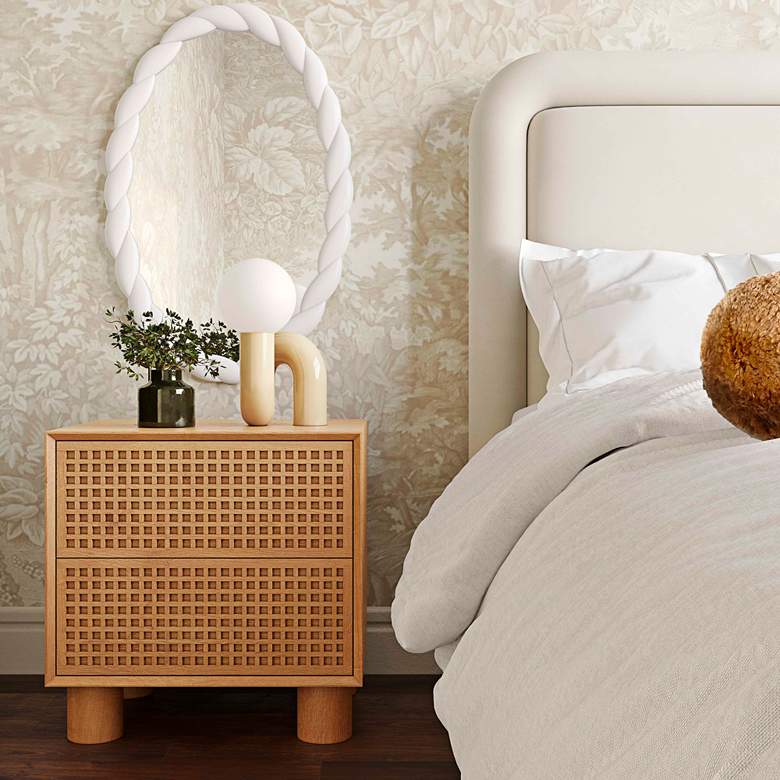 Image 1 TOV Miles 22" Wide Natural Wood Modern 2-Drawer Nightstand in scene