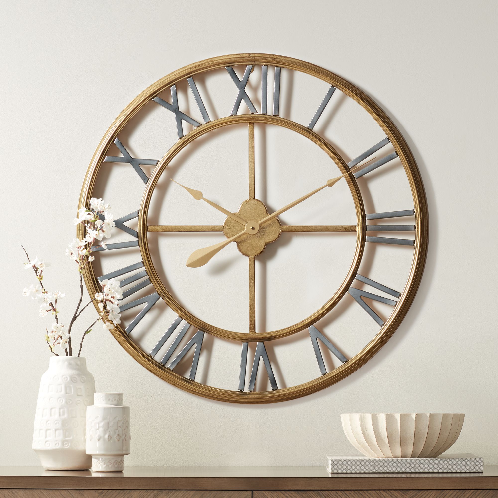 Large Wall Clocks Round Metal Silent Arabic Numerals Quartz Clock Fashion Art Living Room Bedroom Kitchen Wall Watches Gold 48X58CM-Gold_48X58CM