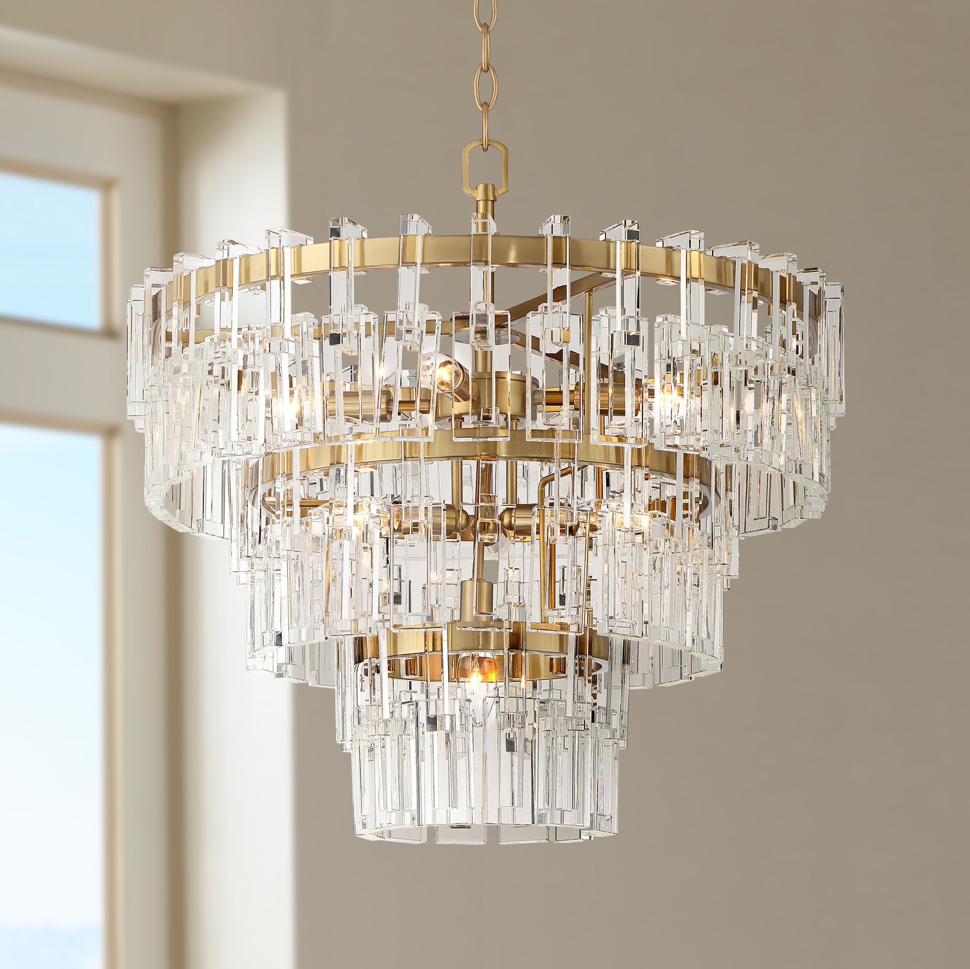 Brass and Crystal Traditional Chandelier Fancy Gold Colored Large Chandelier 