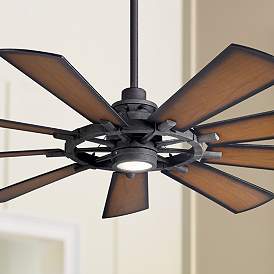 Image1 of 65" Kichler Gentry Black LED Wagon Wheel Ceiling Fan with Wall Control