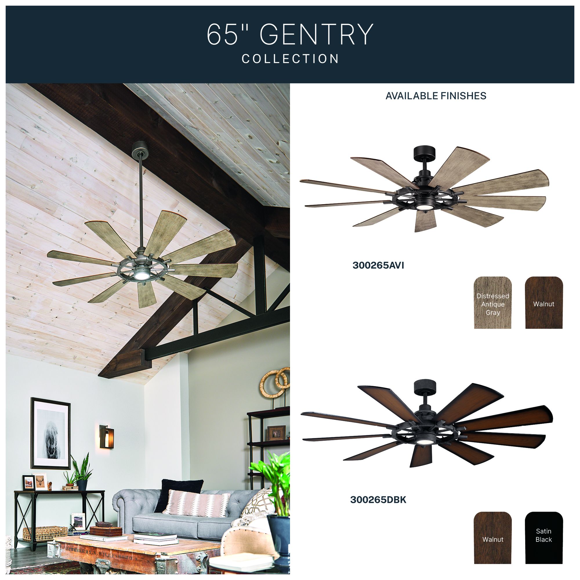 65" Kichler Gentry Distressed Black LED Ceiling Fan