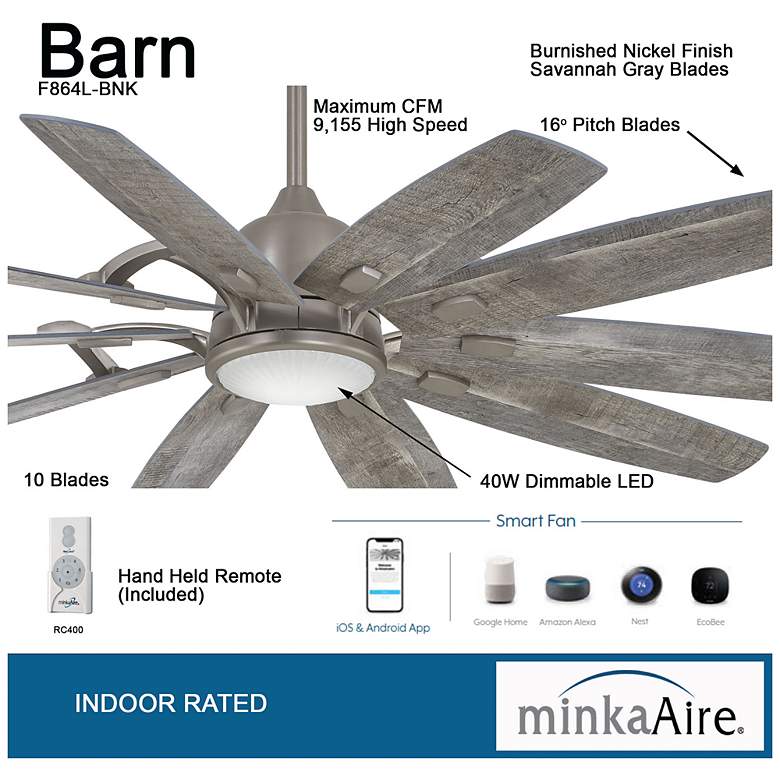 Image 6 65" Minka Aire Barn LED Indoor Rated Nickel Large Smart Ceiling Fan more views