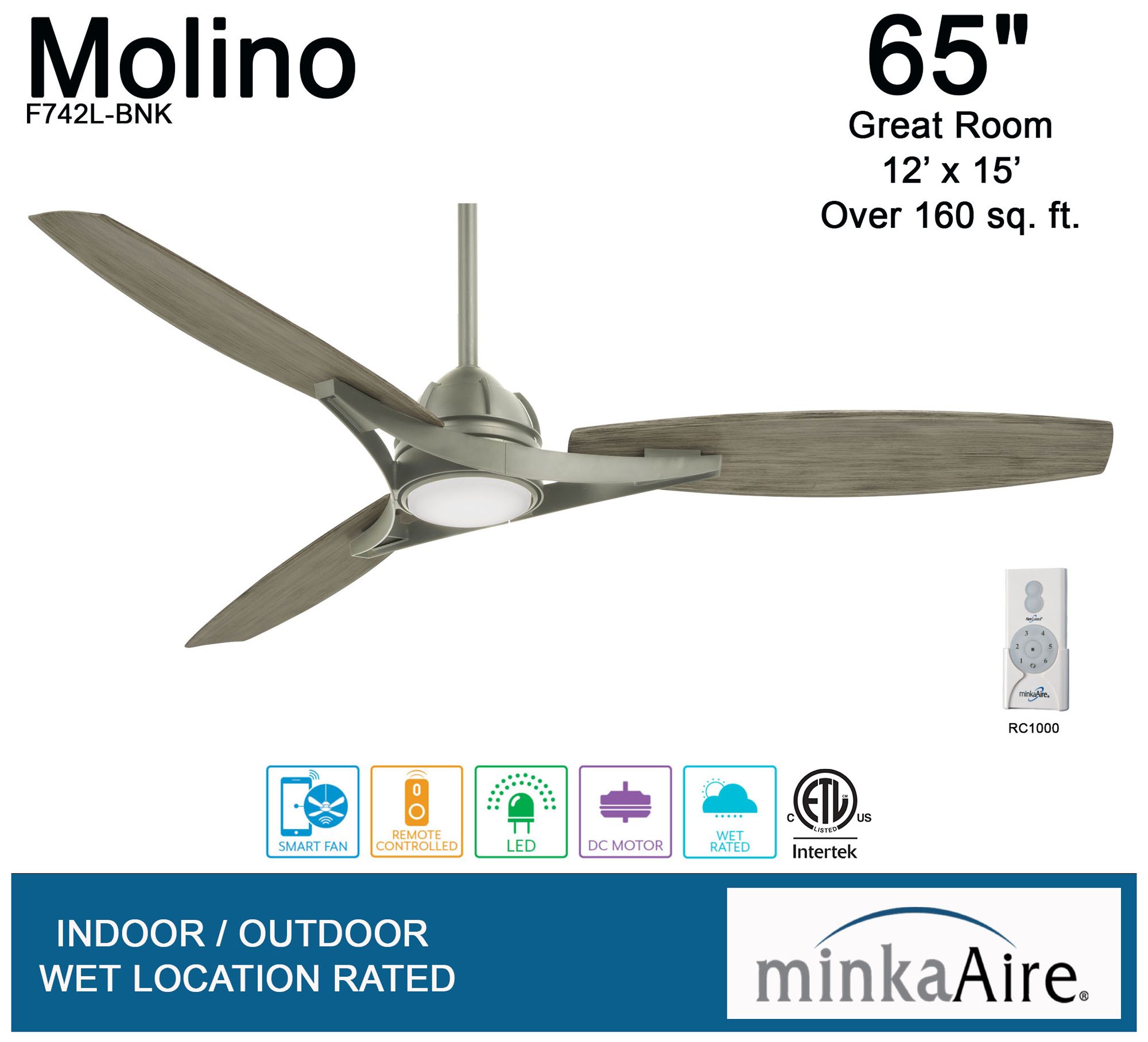 65" Minka Aire Molino Burnished Nickel Wet Location LED Smart Fan
