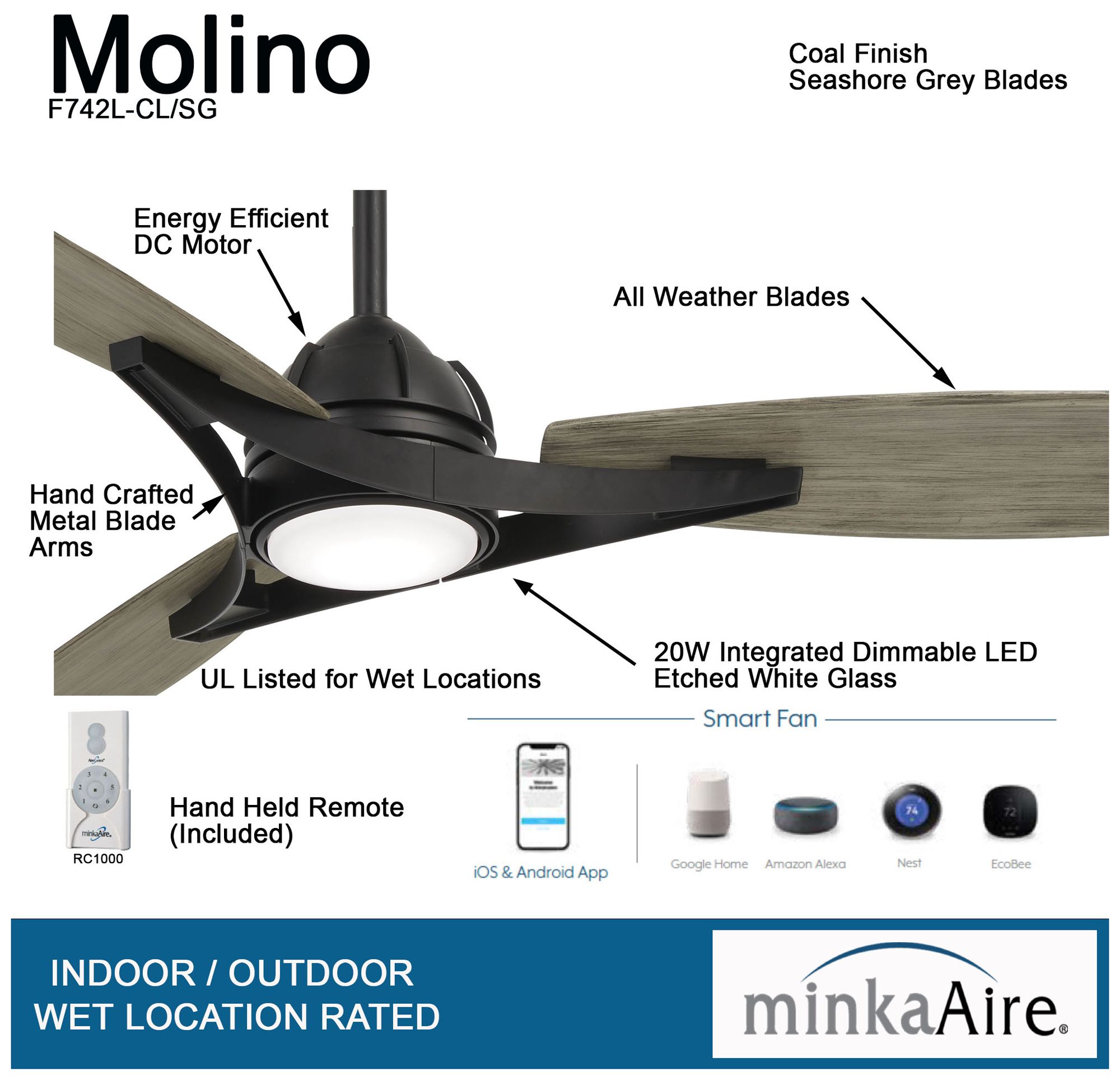 65" Minka Aire Molino Coal Wet Outdoor LED Smart Ceiling Fan