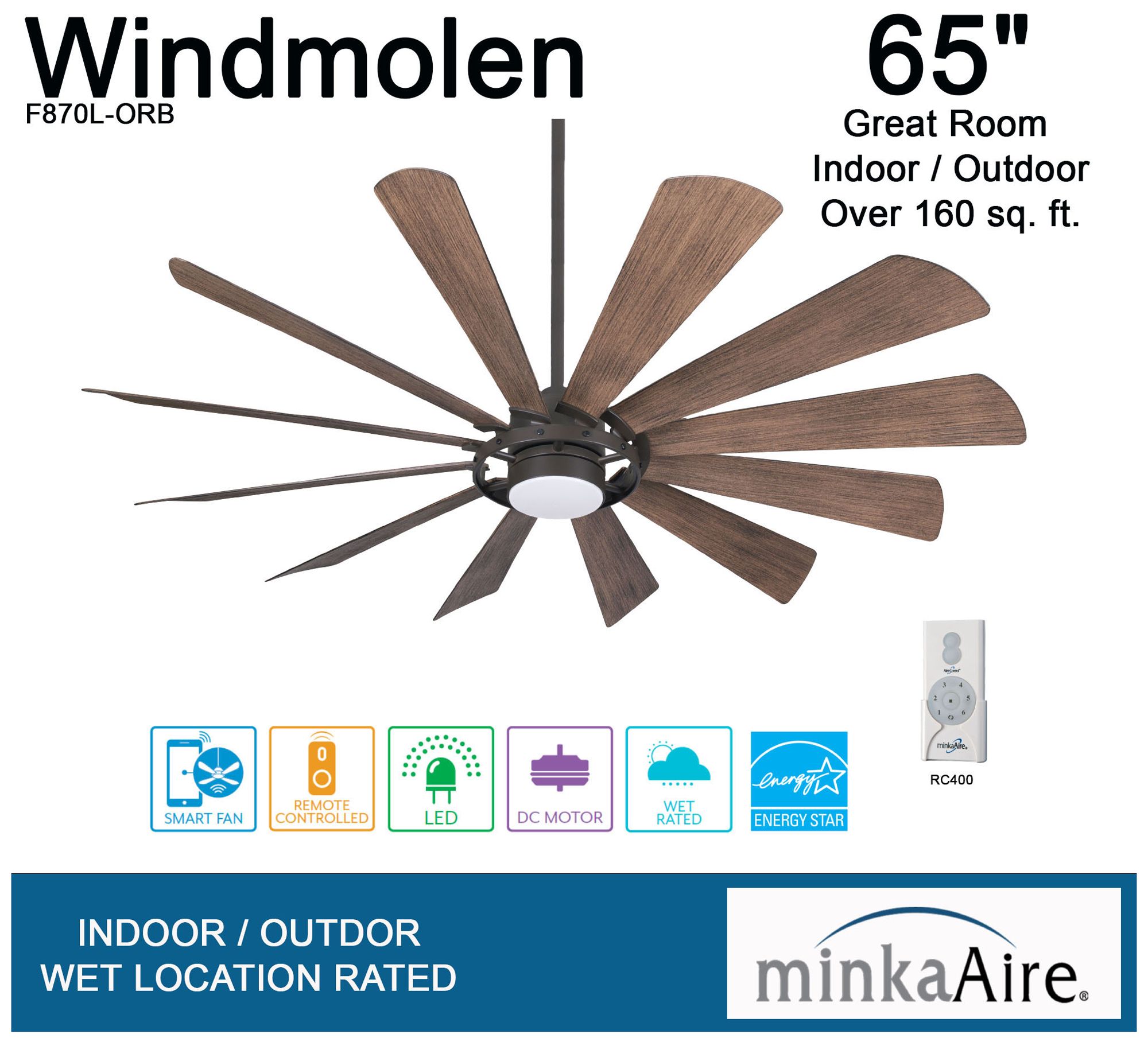 65" Minka Aire Windmolen Bronze Wet Rated LED Smart Ceiling Fan