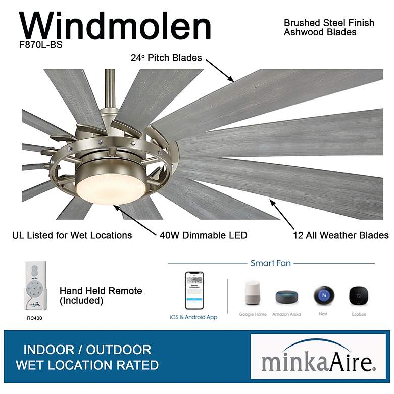 Image 6 65" Minka Aire Windmolen Brushed Steel LED Wet Rated Smart Ceiling Fan more views