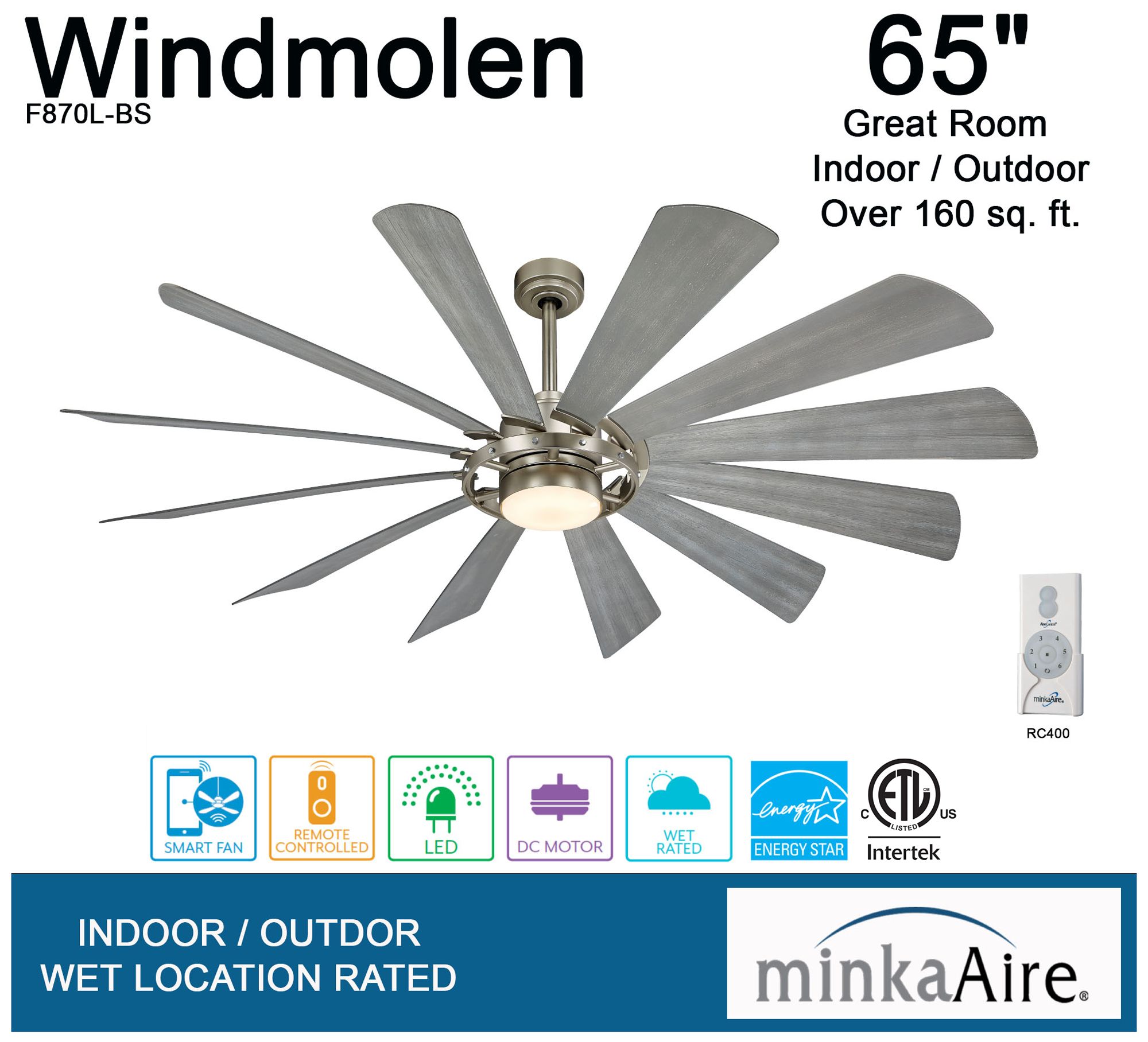 65" Minka Aire Windmolen Brushed Steel LED Wet Rated Smart Ceiling Fan