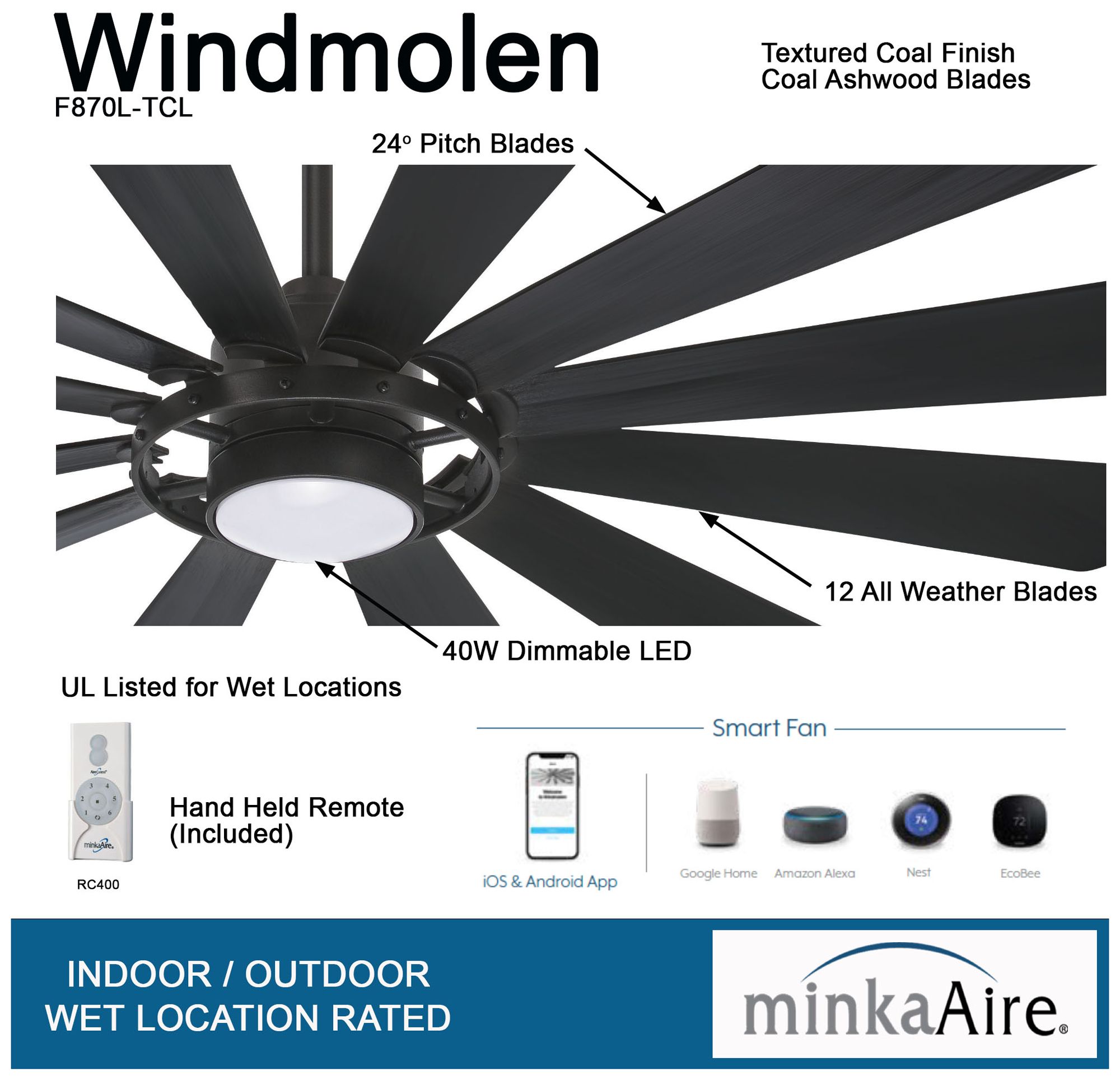 65" Minka Aire Windmolen Textured Coal LED Wet Rated Smart Ceiling Fan