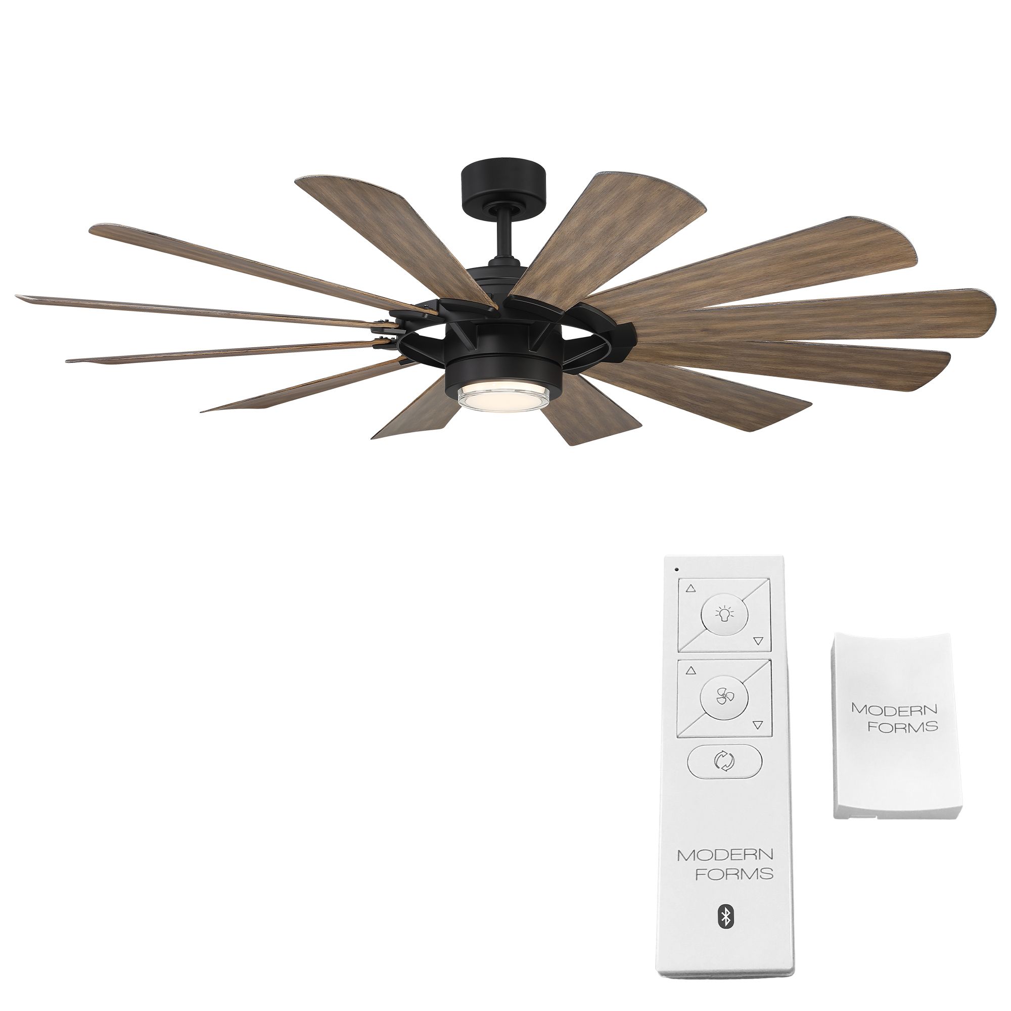 65" Modern Forms Wyndmill Black Barnwood 3000K LED Smart Ceiling Fan in scene