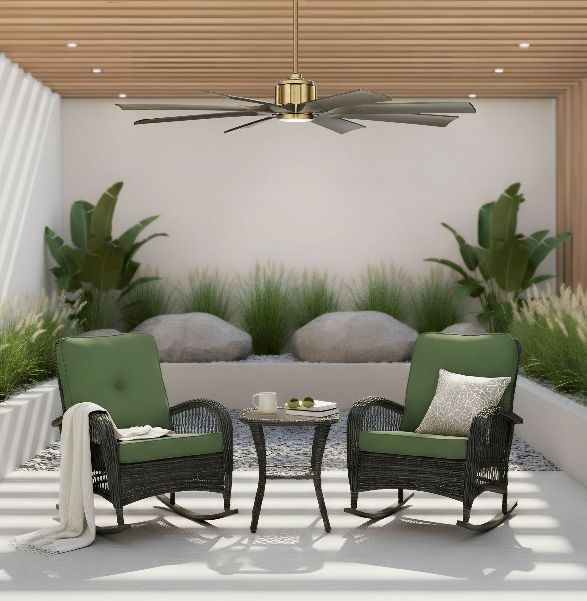 60" Possini Defender Soft Brass Damp LED Ceiling Fan with Remote in scene