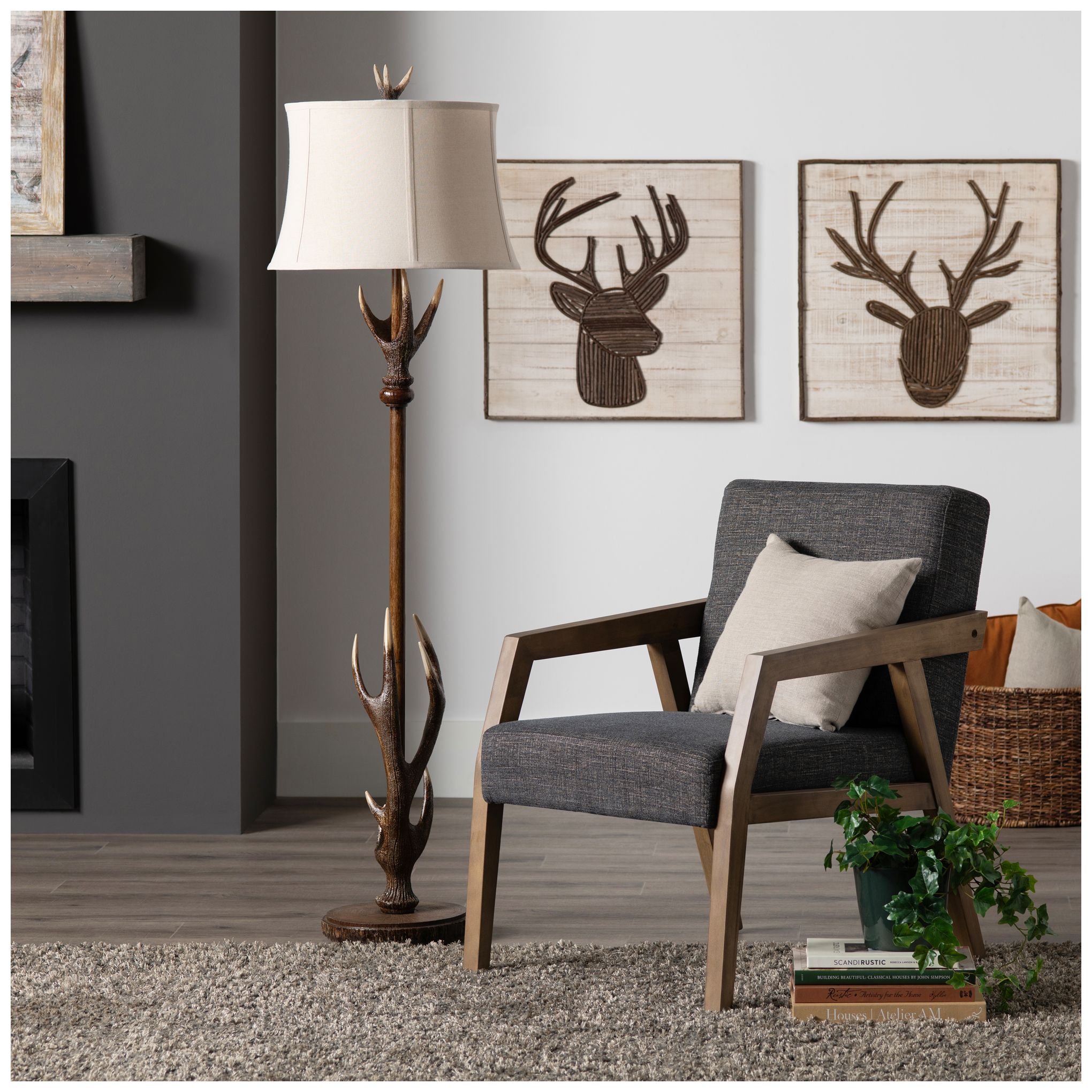 Image 4 66.5" Antler Design Resin Floor Lamp with Linen Shade more views