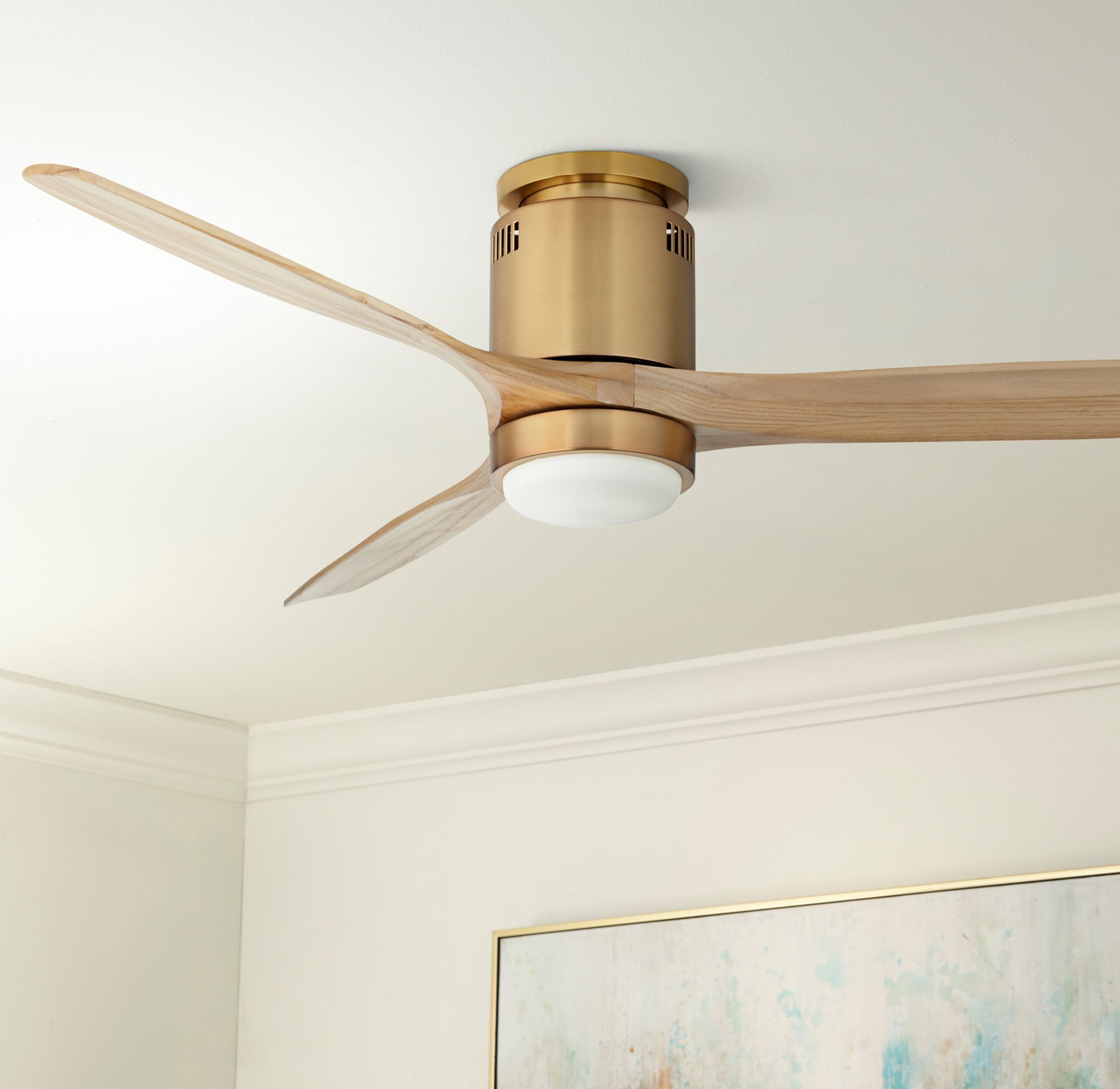 52" Windspun Soft Brass LED DC Hugger Ceiling Fan with Remote in scene