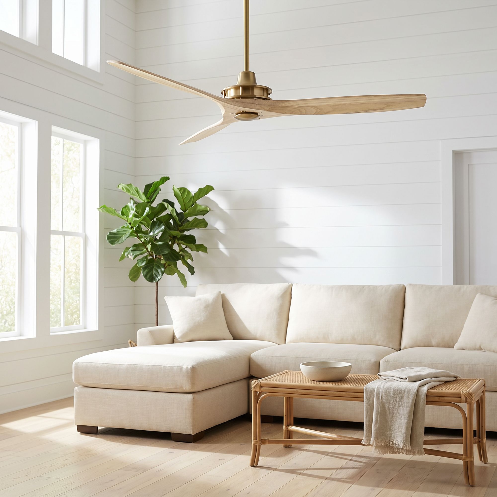 Image 1 52" Casa Vieja Windspun Soft Brass Ceiling Fan with Remote in scene